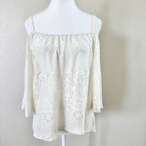 Topia Ivory Lace Cold Shoulder Boho Blouse Off Shoulder Festival Top Medium